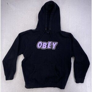 Obey Worldwide Hoodie Mens Medium Black Purple Spellout Pullover Skater Streetwe